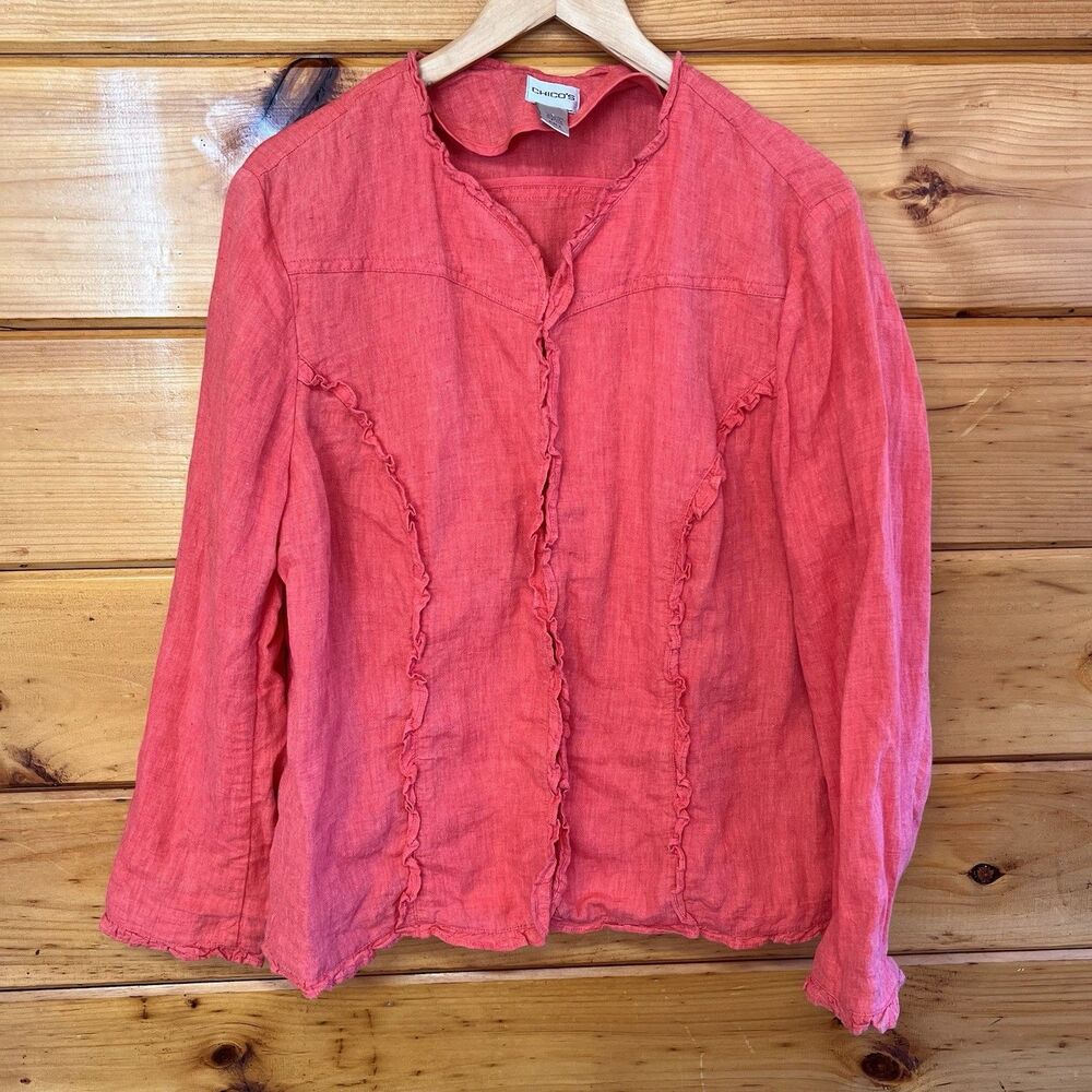 Chico's Women’s 2 Coral 100%Linen Ruffle Top Long Sleeve Beachy Summer Top SZ L